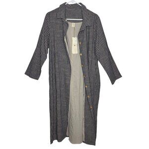 New with Tags Navy/Ivory Striped Casual Linen Blend Duster Coat Women's Size M